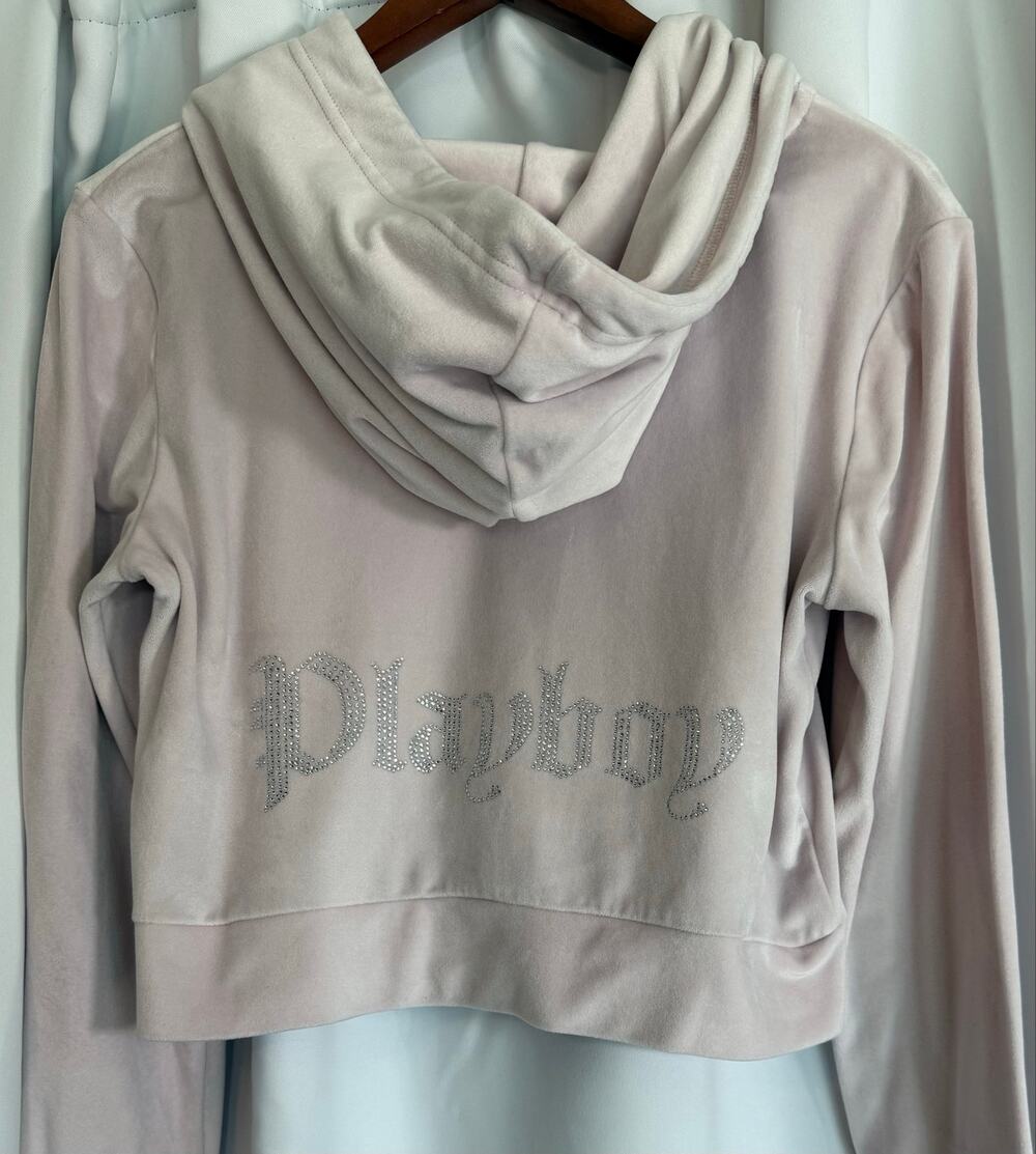 Y2K Playboy Pink Velour Rhinestone Cropped Zip-Up Hoodie Medium